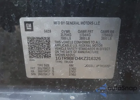 2019 GMC Sierra 1500 Sle from USA, damaged, VIN 1GTR9BED4KZ316326